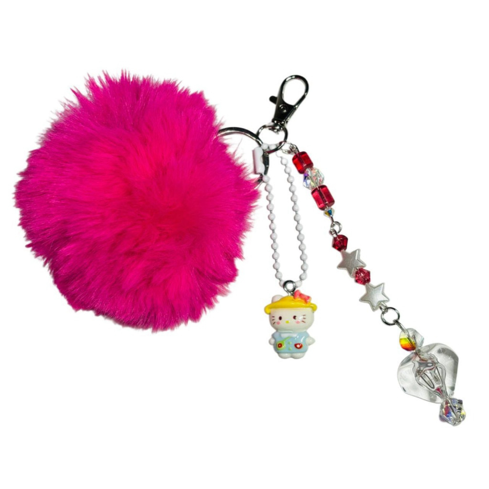 Unique handmade Hello Kitty hot pink poof ball keychain with vintage beads